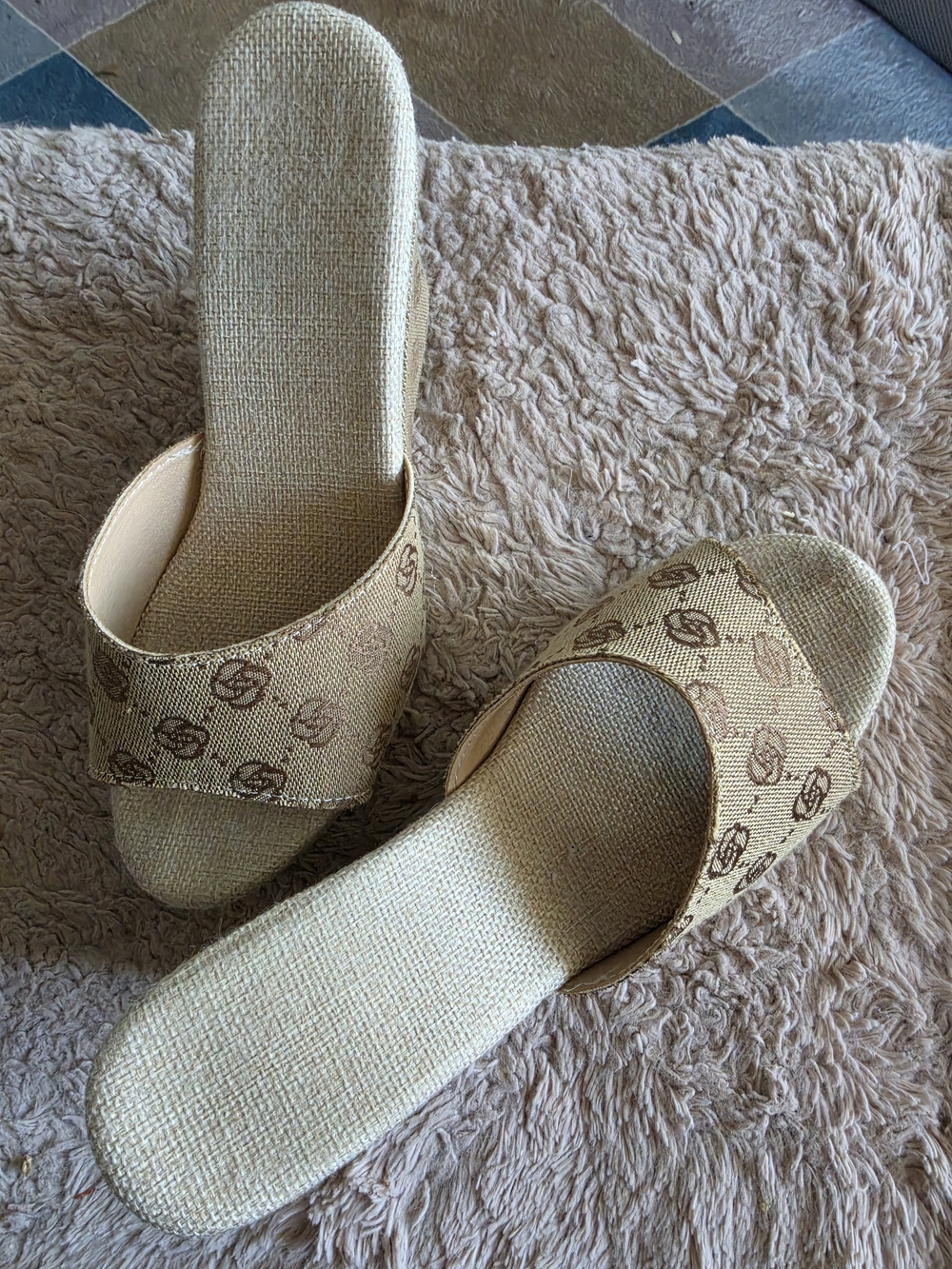 Beige Patterned Slide Sandals - Women's Casual Summer Shoes